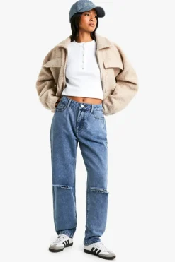 Fashion boohoo Petite High Waist Distressed Mom Jeans vintage blue