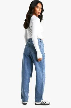 Fashion boohoo Petite High Waist Distressed Mom Jeans vintage blue