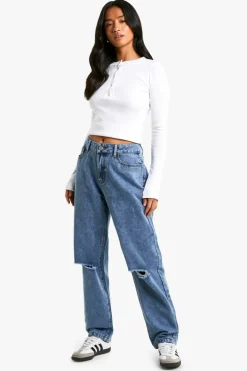 Fashion boohoo Petite High Waist Distressed Mom Jeans vintage blue