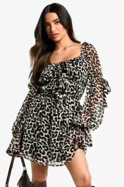 Hot boohoo Petite Leopard Chiffon Ruffle Mini Dress brown