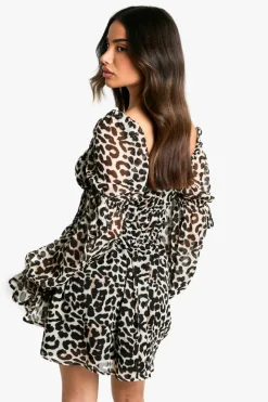 Hot boohoo Petite Leopard Chiffon Ruffle Mini Dress brown