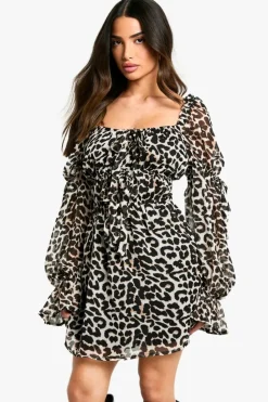 Hot boohoo Petite Leopard Chiffon Ruffle Mini Dress brown