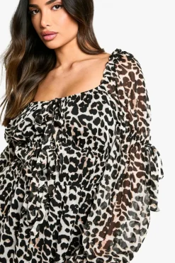 Hot boohoo Petite Leopard Chiffon Ruffle Mini Dress brown