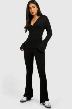 Store boohoo Petite Mixed Rib Polo Collar Top And Flares Knitted Set black