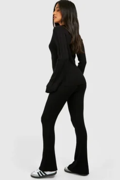Store boohoo Petite Mixed Rib Polo Collar Top And Flares Knitted Set black