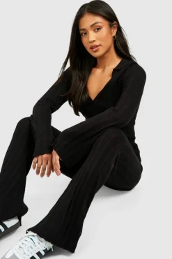 Store boohoo Petite Mixed Rib Polo Collar Top And Flares Knitted Set black