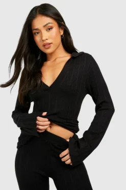 Store boohoo Petite Mixed Rib Polo Collar Top And Flares Knitted Set black