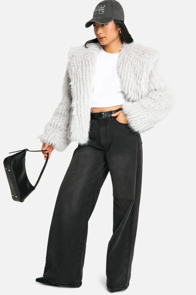 New boohoo Petite Oversized Collared Faux Fur Jacket grey
