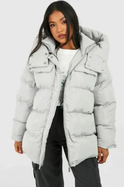 Sale boohoo Petite Oversized Pocket Detail Puffer Jacket grey