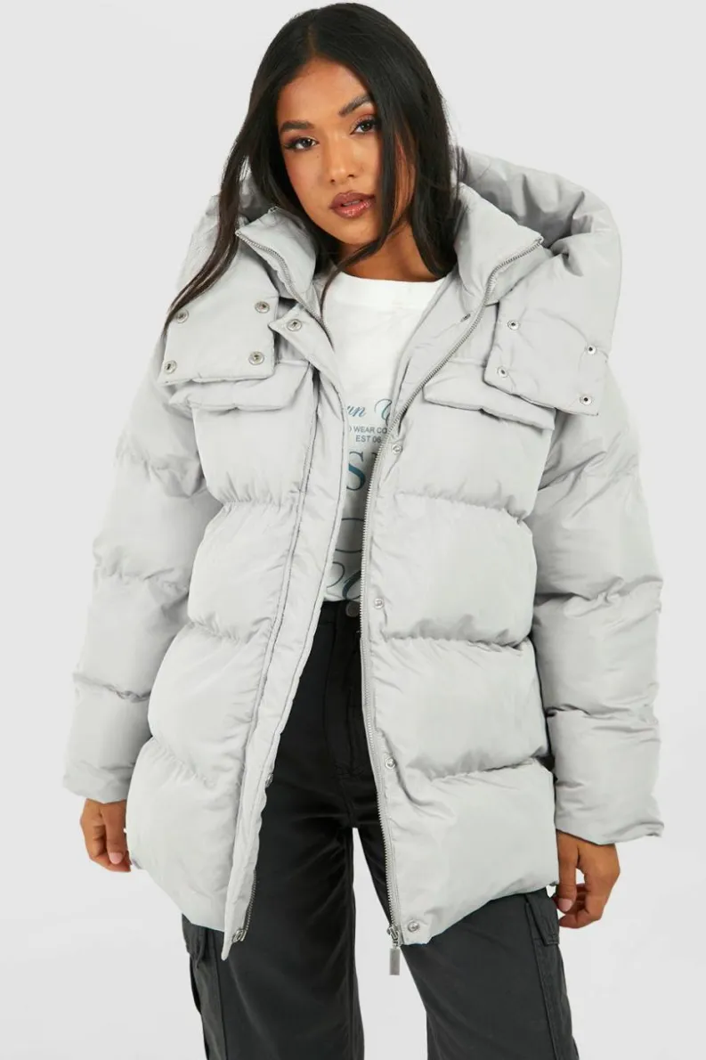 Sale boohoo Petite Oversized Pocket Detail Puffer Jacket grey