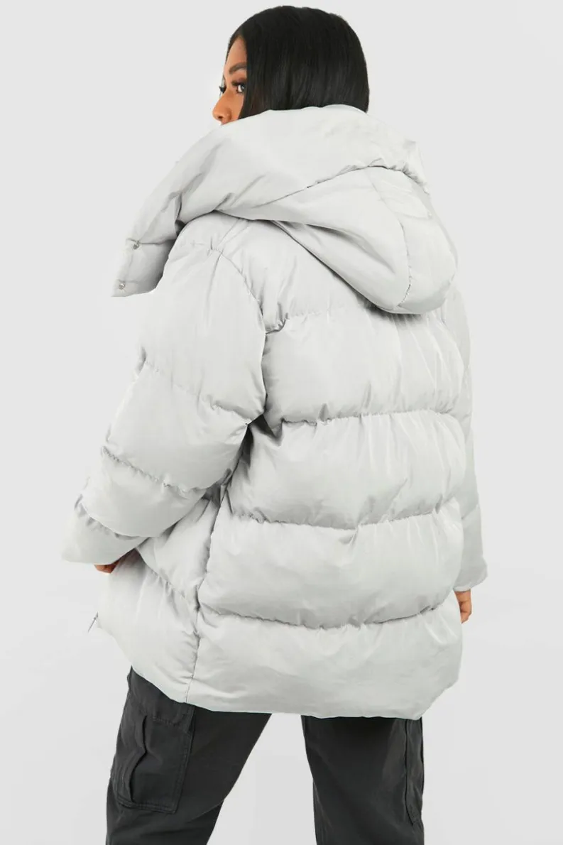 Sale boohoo Petite Oversized Pocket Detail Puffer Jacket grey