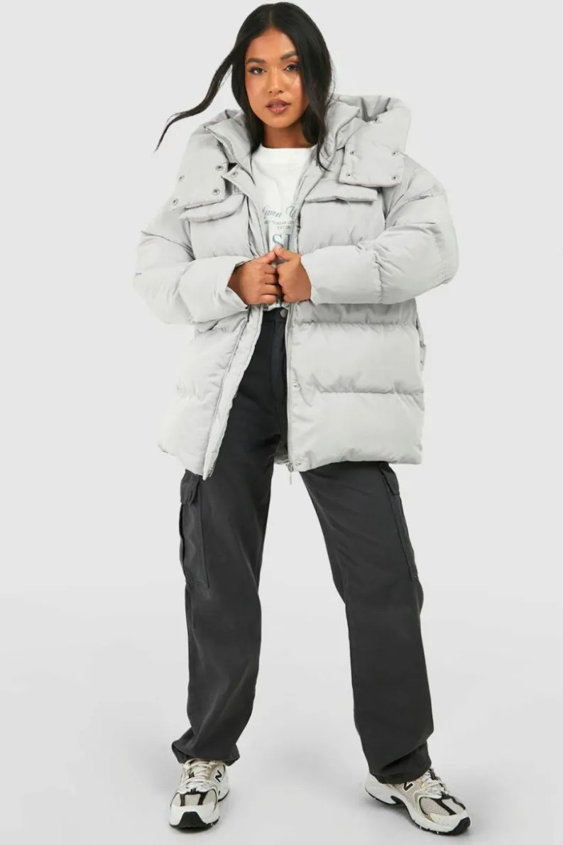 Sale boohoo Petite Oversized Pocket Detail Puffer Jacket grey