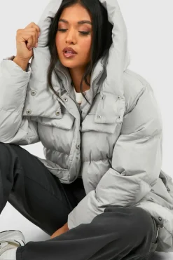 Sale boohoo Petite Oversized Pocket Detail Puffer Jacket grey