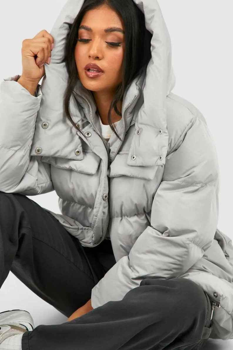 Sale boohoo Petite Oversized Pocket Detail Puffer Jacket grey