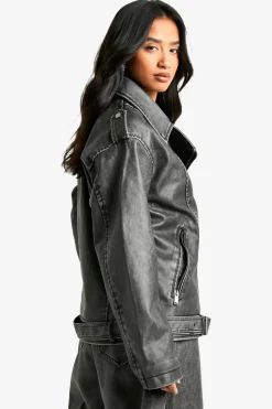 Clearance boohoo Petite Oversized Vintage Faux Leather Biker Jacket vintage wash