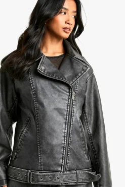 Clearance boohoo Petite Oversized Vintage Faux Leather Biker Jacket vintage wash