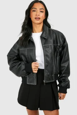 Cheap boohoo Petite Pu Contrast Stitch Cropped Bomber Jacket black