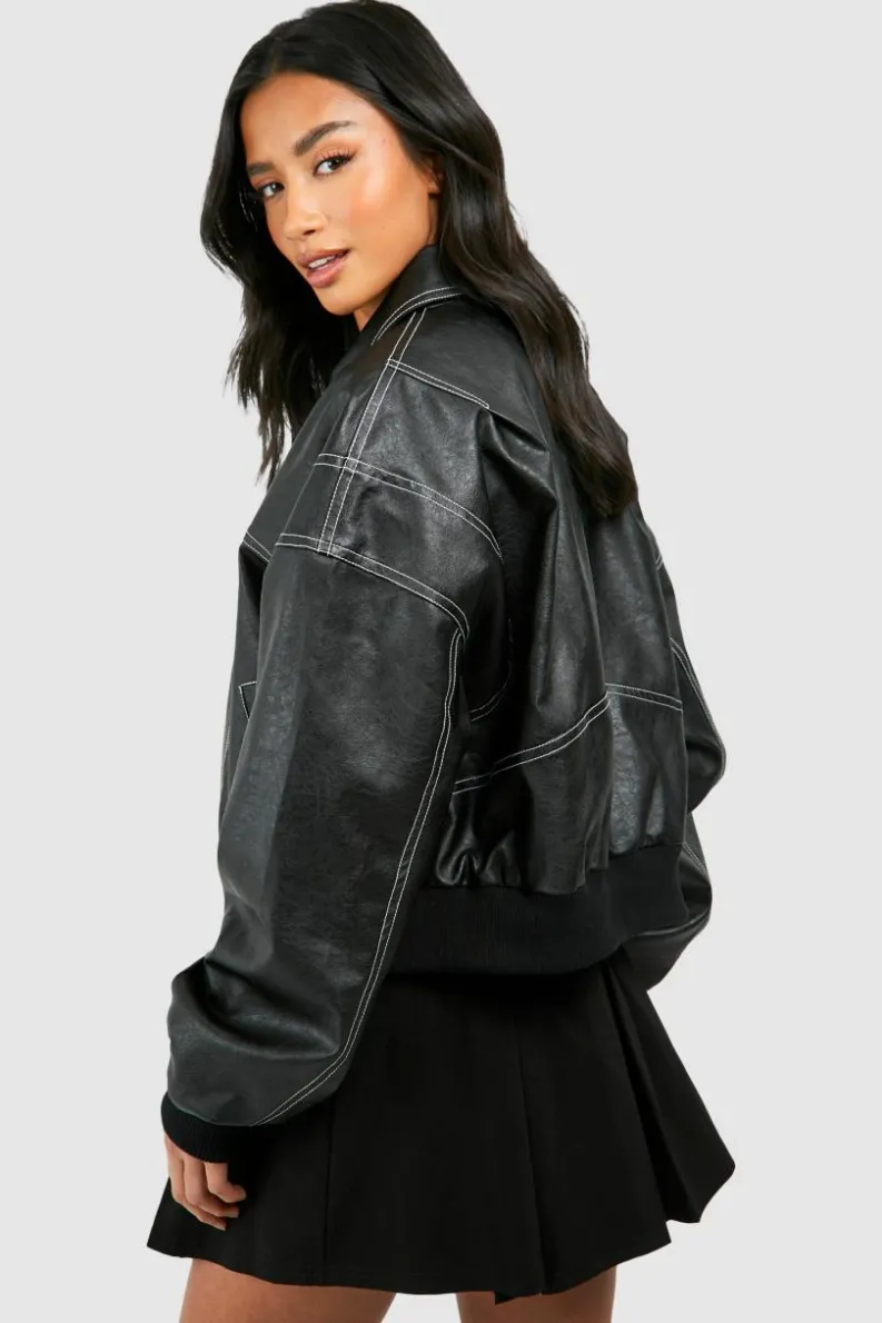 Cheap boohoo Petite Pu Contrast Stitch Cropped Bomber Jacket black