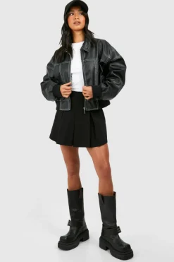 Cheap boohoo Petite Pu Contrast Stitch Cropped Bomber Jacket black