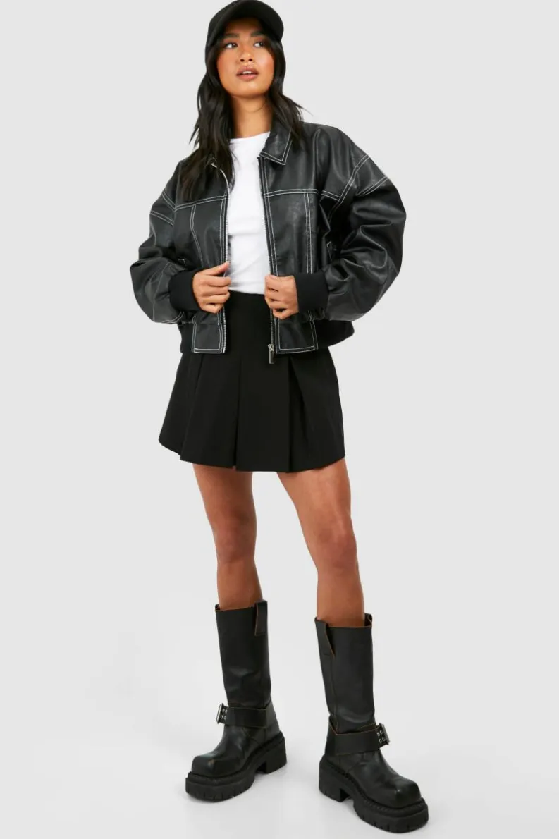 Cheap boohoo Petite Pu Contrast Stitch Cropped Bomber Jacket black
