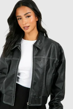 Cheap boohoo Petite Pu Contrast Stitch Cropped Bomber Jacket black