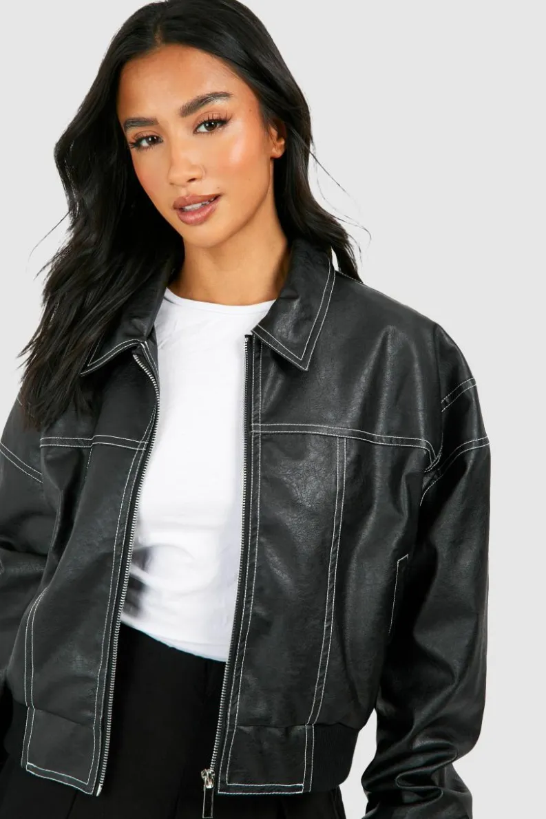 Cheap boohoo Petite Pu Contrast Stitch Cropped Bomber Jacket black