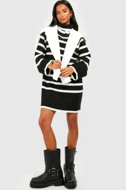 Best boohoo Petite Roll Neck Wide Sleeve Stripe Jumper Dress black