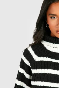 Best boohoo Petite Roll Neck Wide Sleeve Stripe Jumper Dress black