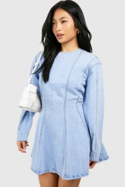 Store boohoo Petite Seam Detail Denim Skater Dress blue