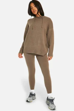 Shop boohoo Petite Soft Knit Hoodie & Trouser Co-ord taupe