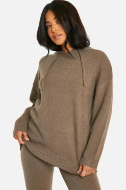 Shop boohoo Petite Soft Knit Hoodie & Trouser Co-ord taupe
