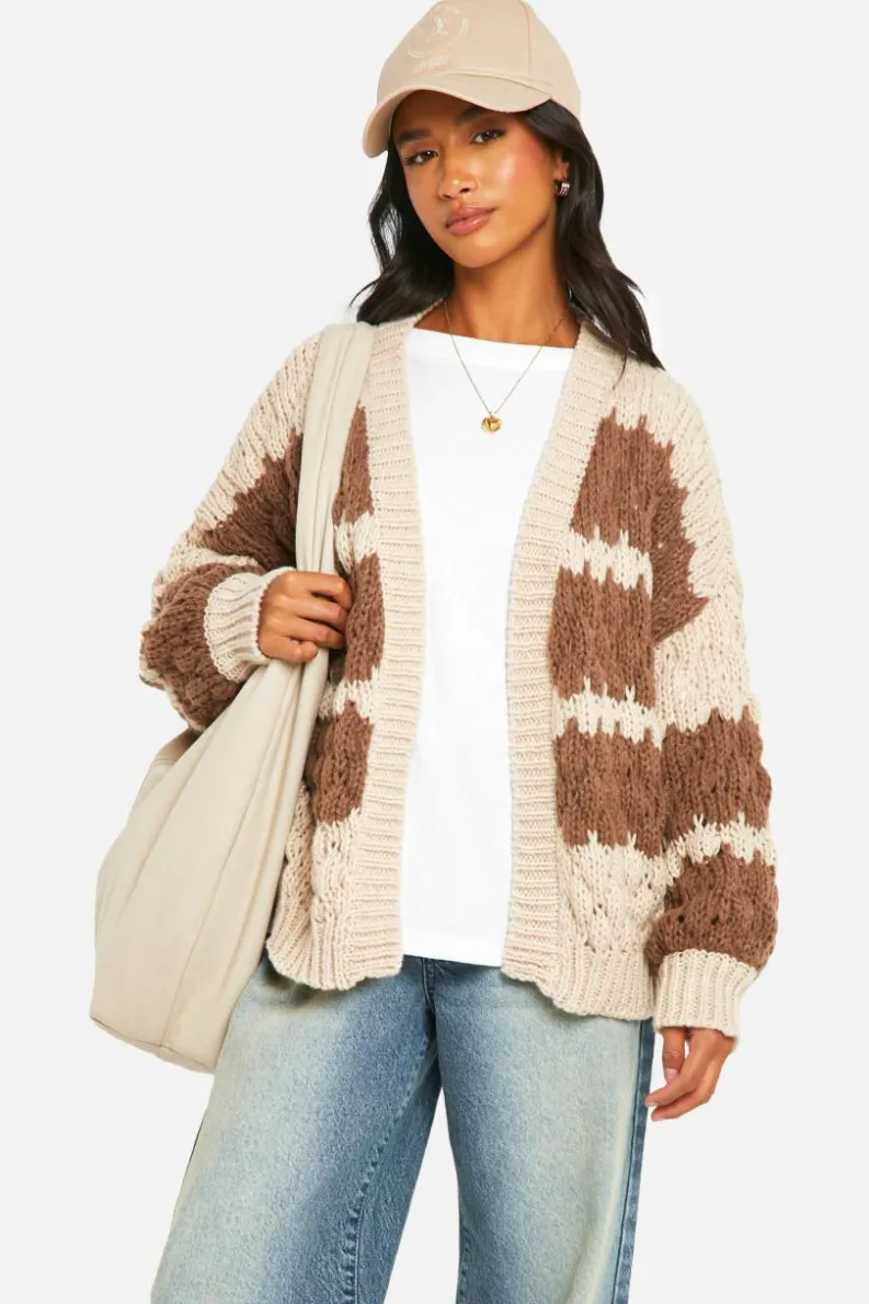 Best boohoo Petite Stripe Bubble Knit Chunky Cardigan stone