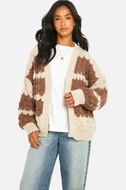 Best boohoo Petite Stripe Bubble Knit Chunky Cardigan stone