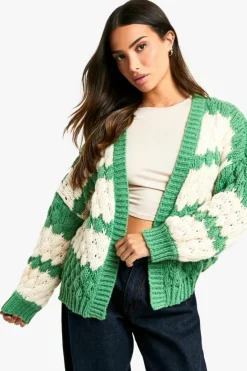 Fashion boohoo Petite Stripe Bubble Knit Chunky Cardigan green