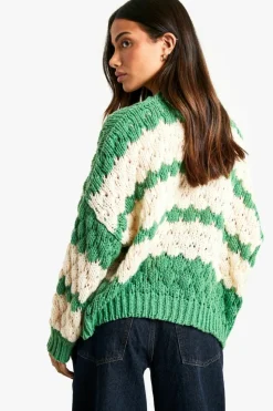 Fashion boohoo Petite Stripe Bubble Knit Chunky Cardigan green