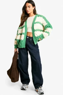 Fashion boohoo Petite Stripe Bubble Knit Chunky Cardigan green