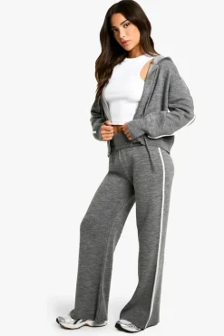 New boohoo Petite Stripe Detail Knitted Hoody And Waist Detail Flared Trouser grey