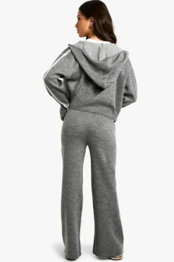 New boohoo Petite Stripe Detail Knitted Hoody And Waist Detail Flared Trouser grey