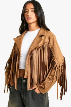 Cheap boohoo Petite Suede Look Fringe Jacket tan