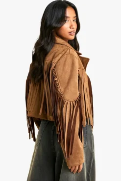 Cheap boohoo Petite Suede Look Fringe Jacket tan