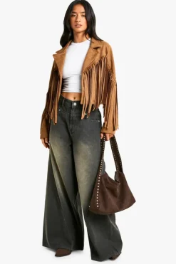 Cheap boohoo Petite Suede Look Fringe Jacket tan