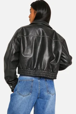 Cheap boohoo Petite Vintage Look Faux Leather Bomber Jacket black