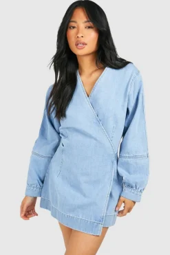Outlet boohoo Petite Volume Sleeve Denim Wrap Dress blue