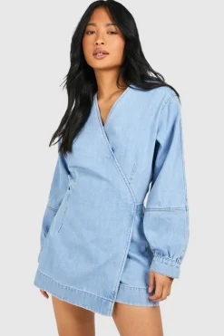 Outlet boohoo Petite Volume Sleeve Denim Wrap Dress blue