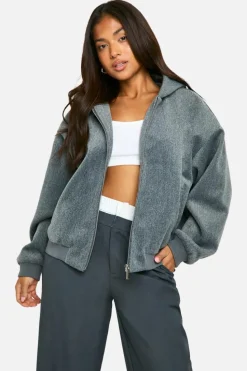 Outlet boohoo Petite Wool Look Hooded Bomber Jacket grey