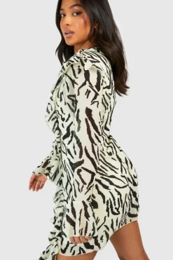 Hot boohoo Petite Zebra Ruffle Boho Mini Dress ivory