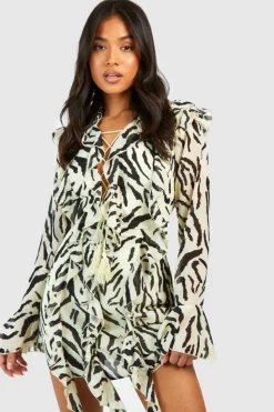 Hot boohoo Petite Zebra Ruffle Boho Mini Dress ivory