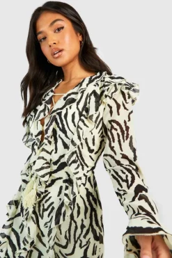 Hot boohoo Petite Zebra Ruffle Boho Mini Dress ivory