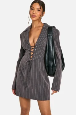 Discount boohoo Pinstripe Lace Up Blazer Dress charcoal