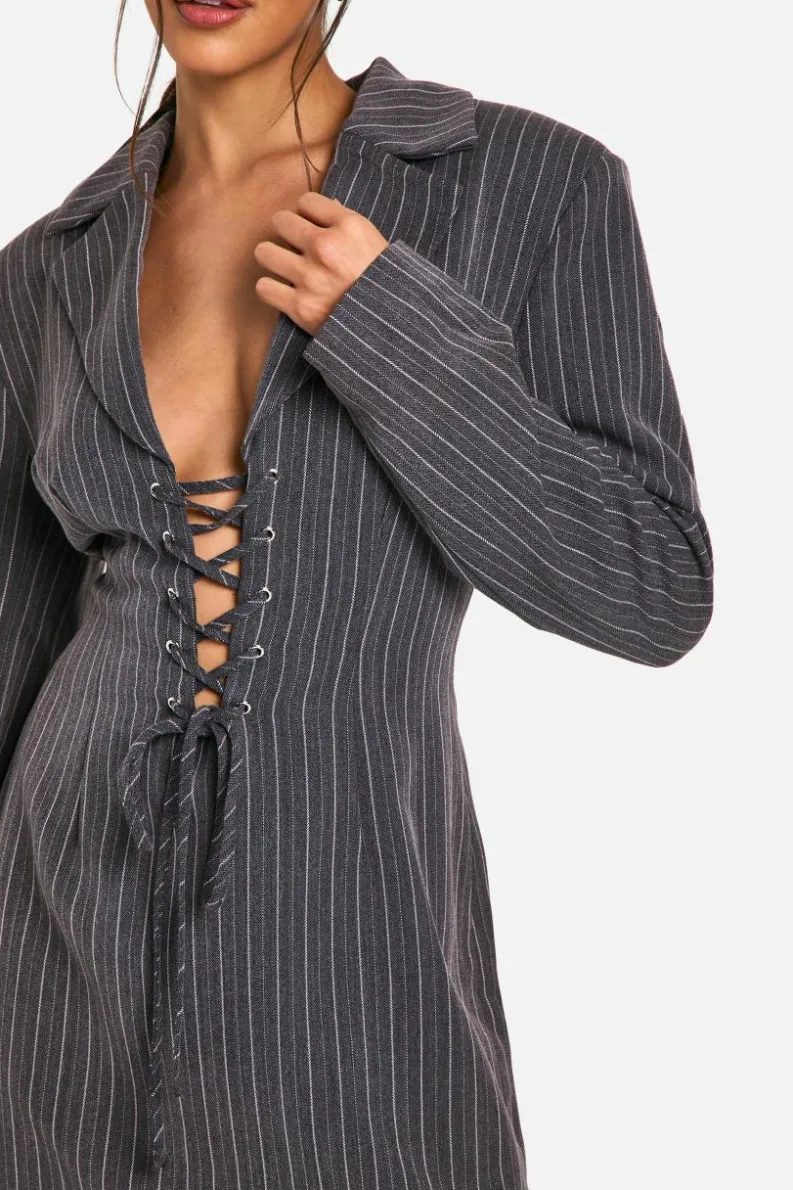 Discount boohoo Pinstripe Lace Up Blazer Dress charcoal